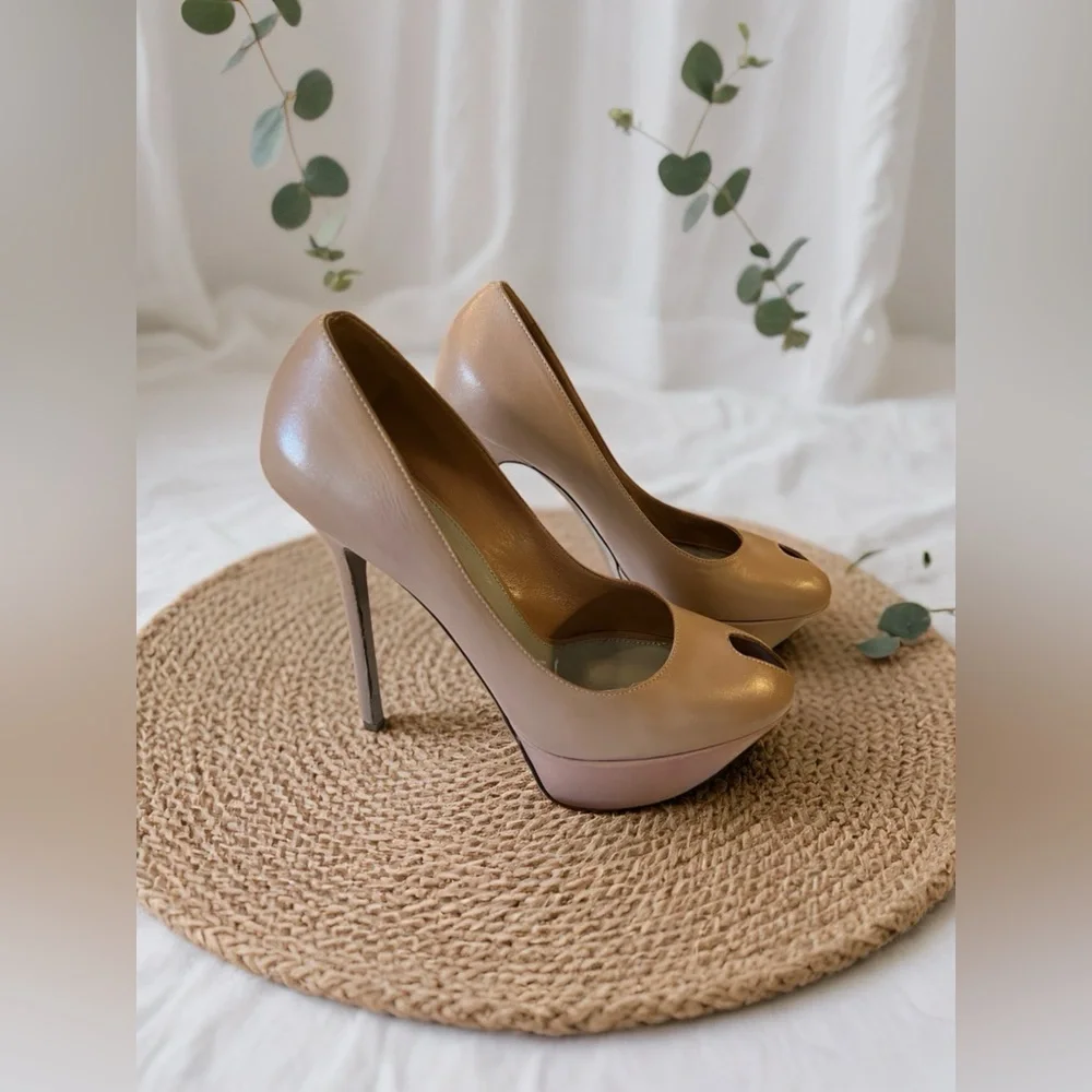 Sergio Rossi Taupe Neutral Peep Toe Platform High Heels